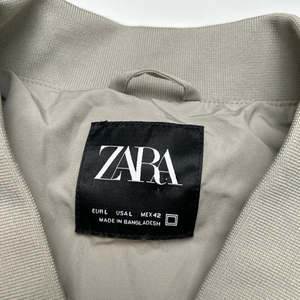 Zara Mens Bomber Jacket Taupe Gray Size L Lightweight Utility Minimalist